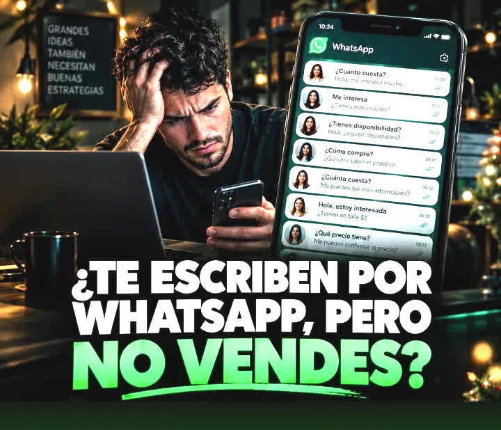 Dueño de negocio abrumado por consultas de WhatsApp sin atender, junto a conversaciones que se pierden