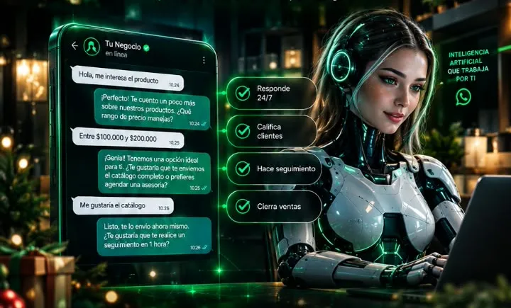 Asistente de IA con audífonos atendiendo las conversaciones de WhatsApp del negocio mientras confirma ventas